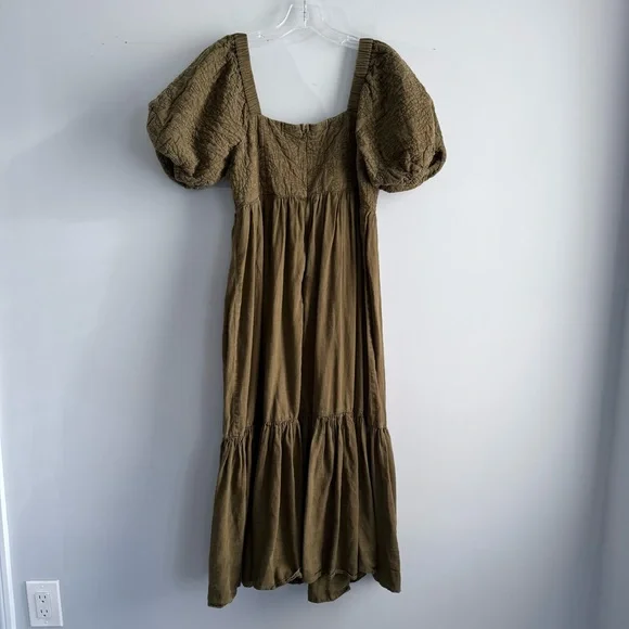 Madewell Tiered Midi Dress Quilted Hemp Blend Olive Green NH112 Size 10 Boho - Picture 7 of 15